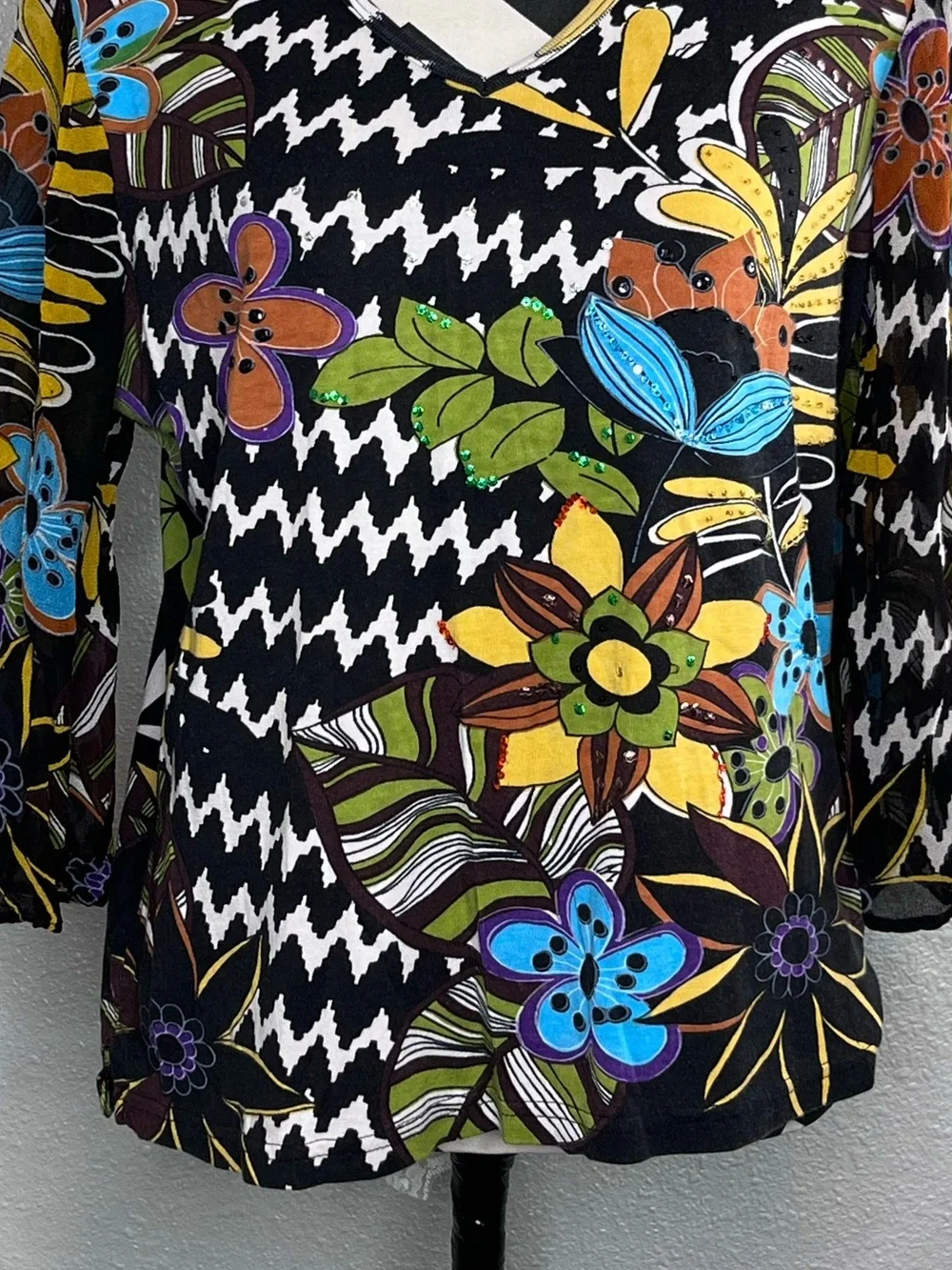 Le Mieux Sz XL Art to Wear Sheer Bell Sleeve Boho Embellished Chevron Top - Picture 5 of 15